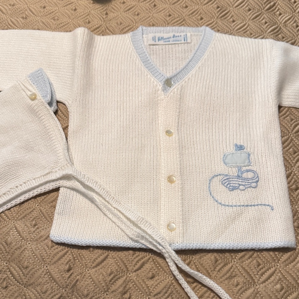 Feltman Bros Cream & Light Blue Knit Baby Cardigan with matching cap